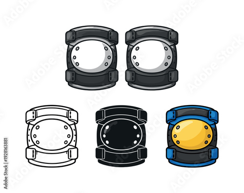 Knee Pad Trio. Accident prevention outcome represented by a pair of knee pads with rounded protective caps viewed from the front