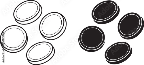 Black and white coin icons set showing outline and solid circular tokens