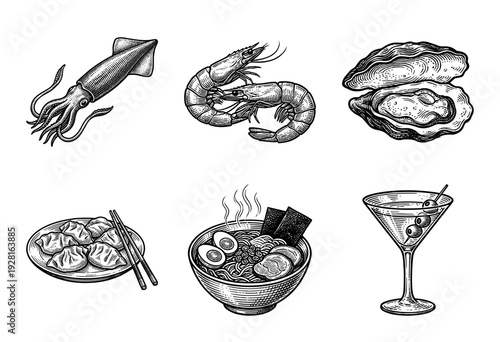 Vintage engraving style seafood and asian cuisine collection featuring squid shrimp oyster dumplings ramen and a martini cocktail