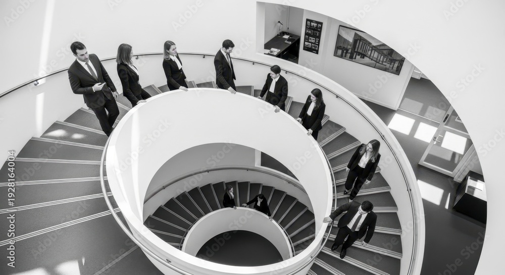 Fototapeta premium Business professionals ascending spiral staircase in modern office setting