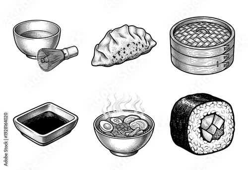 Set of hand drawn monochrome illustrations featuring various elements of Asian cuisine in a classic vintage engraving style
