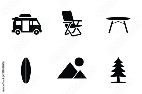 Camping Icons: Van, Chair, Table, Surfboard, Mountains, Tree