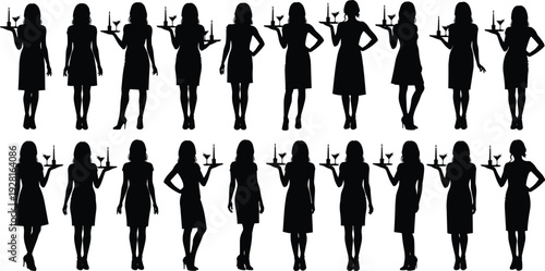 Collection of waitress and server silhouettes holding tray with drinks and wine glasses isolated on white background for hospitality and restaurant concepts