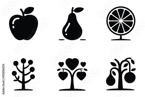 Fruit Icons: Apple, Pear, Orange, Berries, Heart Tree