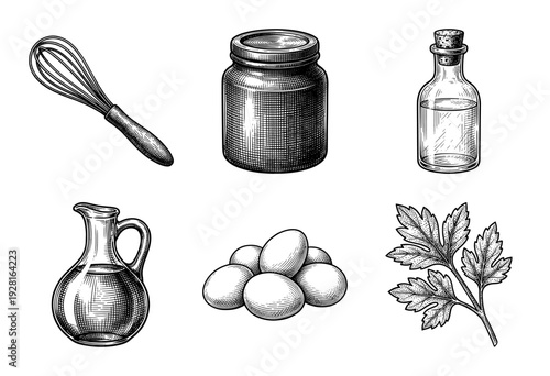 Vintage engraving style collection of kitchen tools and food ingredients including a whisk, glass jar, oil bottles, eggs, and parsley.