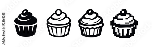 Diverse cupcake icon collection in solid, outline, and pixel art styles