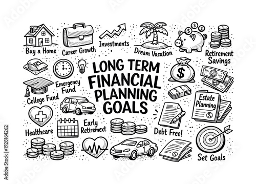Long term financial planning goals, hand drawn doodle elements set, center hand-lettered title, black & white vector line art,