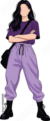 Minimalist flat fashion illustration of a young woman wearing a purple tshirt, light purple joggers, black boots, and crossbody bag.