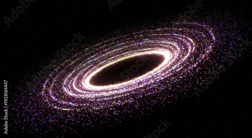 Glowing particle accretion disk orbits intensely bright central mass in deep space