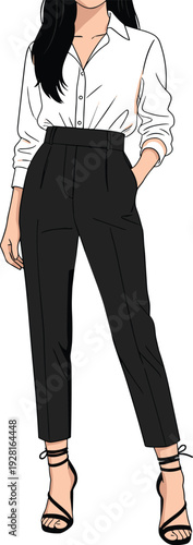 Minimalist flat vector illustration of a professional woman wearing a white button-down shirt, high-waisted black trousers, and stylish strappy heels.