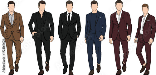 Mega collection of men's fashion vector illustrations featuring formal suits, tuxedos, casual streetwear, winter coats, autumn jackets, and abstract organic shapes.