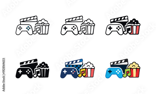 Pop culture and media symbol showing a video game controller, film clapperboard, music note, and popcorn bucket, conveying modern