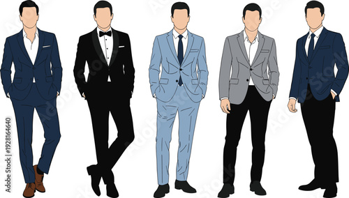 Mega collection of men's fashion vector illustrations featuring formal suits, tuxedos, casual streetwear, winter coats, autumn jackets, and abstract organic shapes.