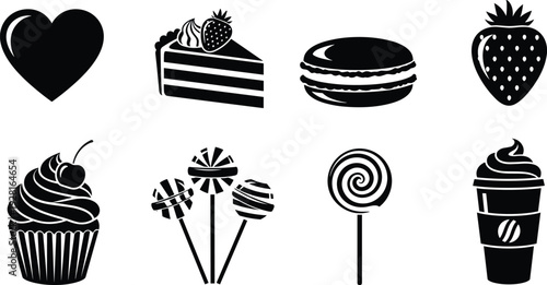 Sweet dessert icon set, cake cupcake macaron strawberry candy coffee black silhouette vector illustration collection