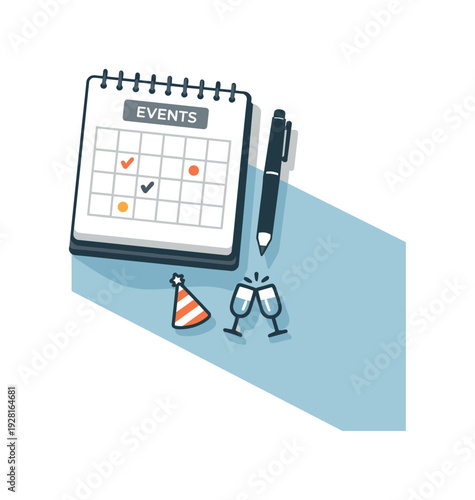 Refined contemporary community event planning concept with essential calendar notebook pen and party icon subtly offset and