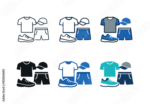 Sports fashion icon showing stylized athletic apparel including shirts, shorts, sneakers, and caps representing activewear,