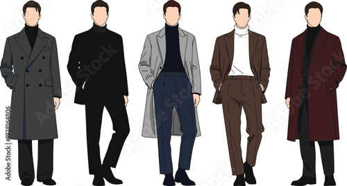 Collection of men's fashion vector illustrations featuring formal business suits, casual streetwear, sweaters, stylish winter coats, and modern smart outfits.