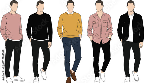 Collection of men's fashion vector illustrations featuring formal business suits, casual sweaters, button-down shirts, and stylish modern outfits for men.