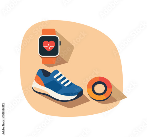 Smartwatch fitness tracking concept with simple smartwatch heart rate icon running shoe and activity ring arranged neatly seen