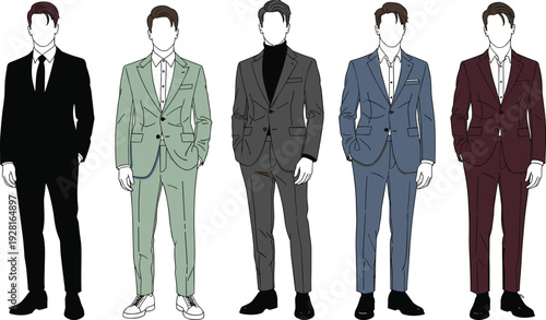 Set of men's suit fashion illustrations with hairstyles featuring formal black, sage green, charcoal turtleneck, navy blue, and burgundy outfits.