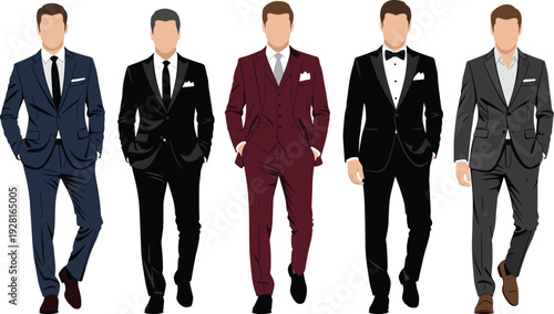 Vector illustration of men in elegant formal suits, tuxedos, and three piece wedding attire for professional business and special event fashion