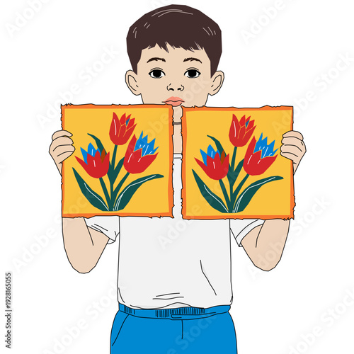 Front-view illustration of a child proudly holding a handmade flower artwork, ideal for parenting blogs, school promotions, family campaigns, and child development materials.