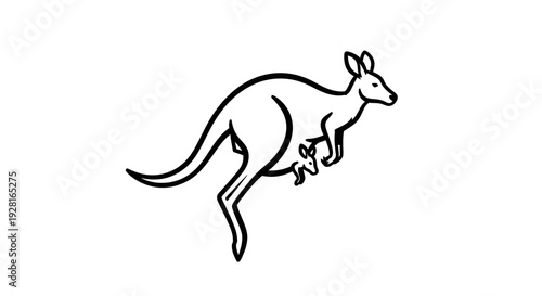 Simple line drawing of a kangaroo with joey in pouch jumping.
