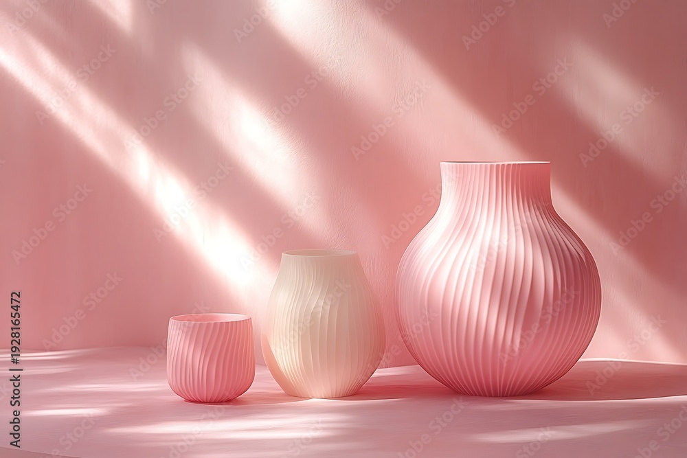 custom made wallpaper toronto digitalThree varying pink vases sit on a surface illuminated by striped sunlight creating calming shadows
