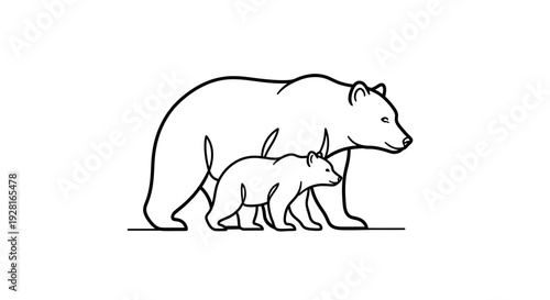 Simple line drawing of a mother bear and her cub walking together.