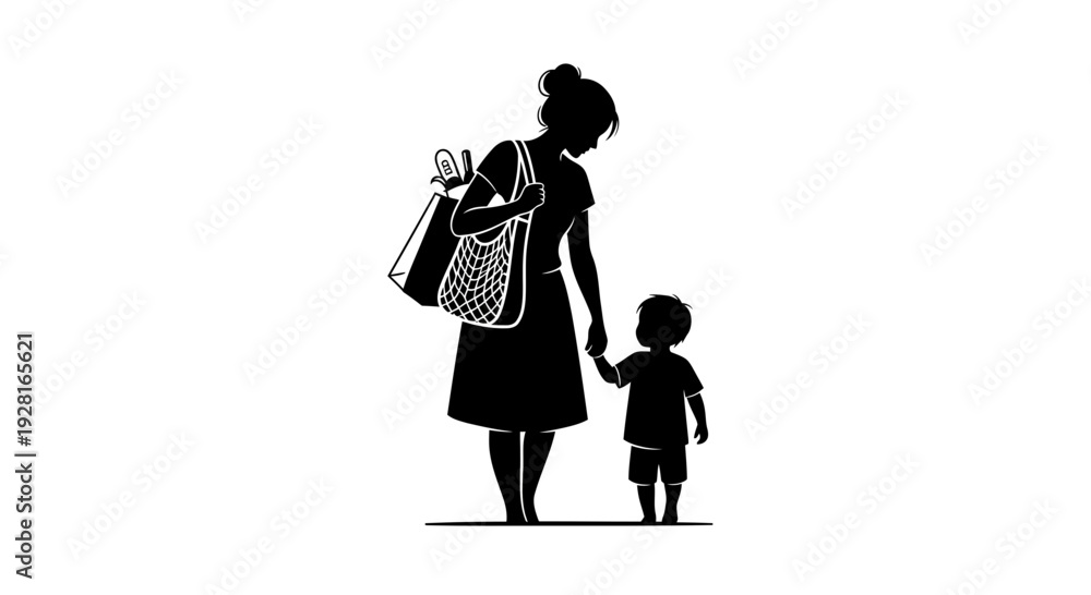 Fototapeta premium Mother and Child Silhouette Walking Together.