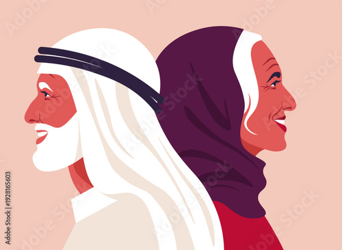 Modern flat vector illustration of a happy senior Arab couple in profile view, standing back-to-back. They wears a traditional keffiyeh and a hijab. Family, aging, cultural heritage