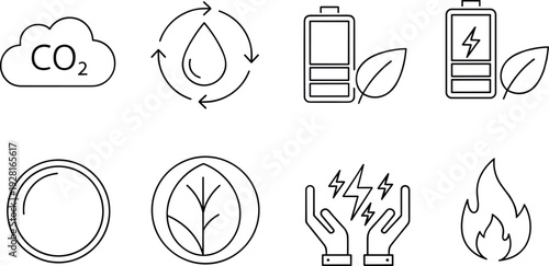 Renewable Energy and Sustainability Line Icon Set with CO2 Cloud, Water Cycle, Eco Battery, Green Leaf, Clean Power and Flame Symbols