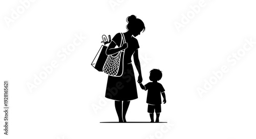 Mother and Child Silhouette Walking Together.