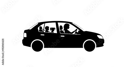 Family traveling together in a car silhouette.