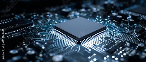 A close-up of a central processing unit (CPU) on a circuit board, with delicate circuitry and glowing lights