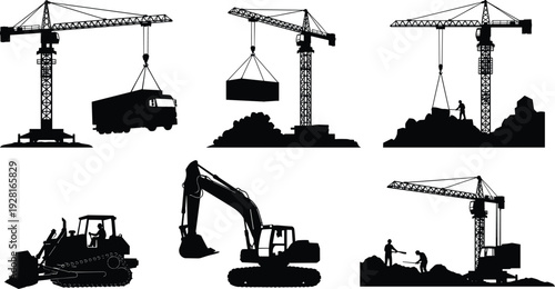 Construction Crane and Heavy Equipment Silhouettes Set, Black Vector Illustration of Tower Cranes, Excavators and Bulldozers at Industrial Building Site