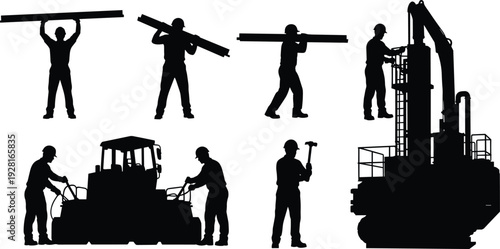 Construction worker and heavy equipment silhouette collection featuring builders carrying beams, operating machinery, paving asphalt, and using tools isolated on white background