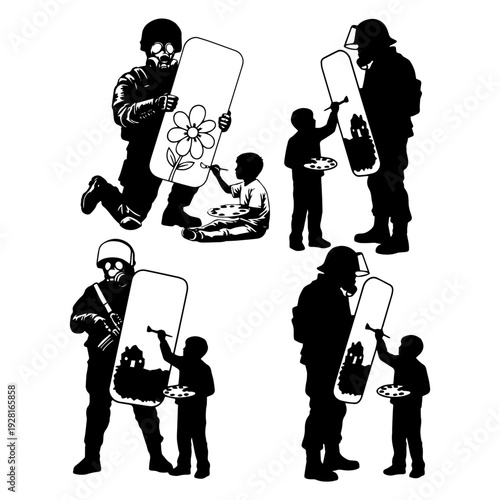 Peace and No War Silhouette - Soldier and Child World Peace Concept