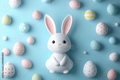 Wallpaper Mural Top down view of a charming white cartoon bunny surrounded by many decorated Easter eggs Torontodigital.ca