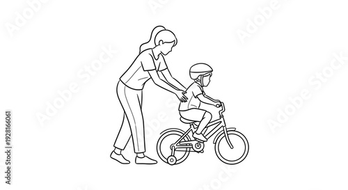 Mother teaching young child to ride a bicycle with training wheels.