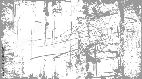 Grey abstract paint splatters and scratches on white textured background