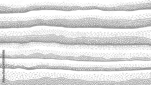 Abstract horizontal wavy lines pattern with textured bands of grey dots and polygons on white background