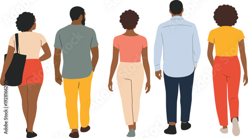 Five diverse illustrated people walking away in casual clothing, showcasing fashion variety, demographic diversity, social interaction, modern vector art concept