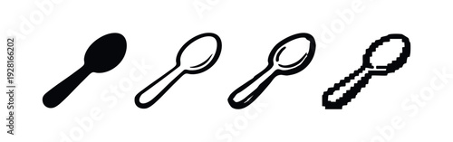 Set of diverse spoon icons in solid, line, and pixelated graphic styles