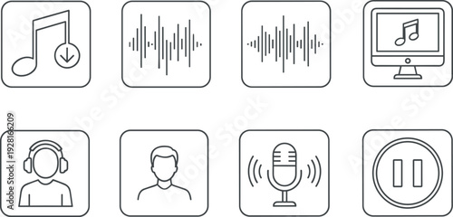 Music Streaming and Audio Interface Icons Set with Waveform Microphone Headphones and Media Player Controls