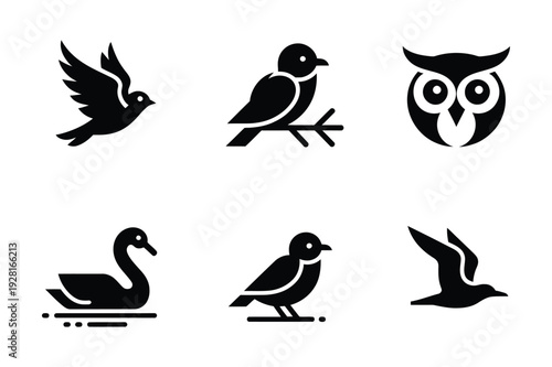 Bird Icons: Flying Dove, Perching Bird, Owl, Swan, Seagull