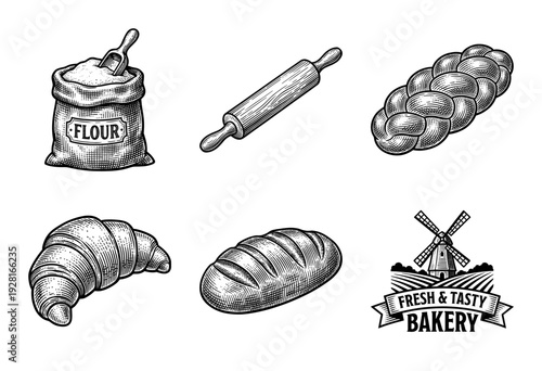 Vintage bakery collection featuring flour sack rolling pin braided bread croissant loaf and windmill illustration in woodcut style