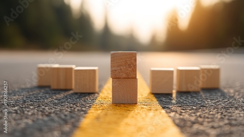 Wooden blocks aligned on a road with yellow line