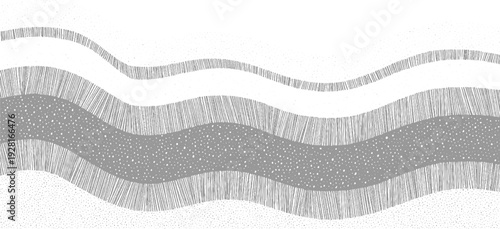 Abstract layered wavy pattern with stippled and lined textures in grayscale