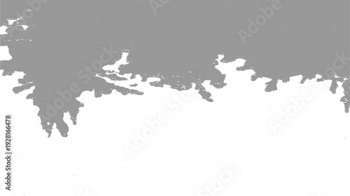 Abstract grey shapes on white background with irregular edges and small scattered dots